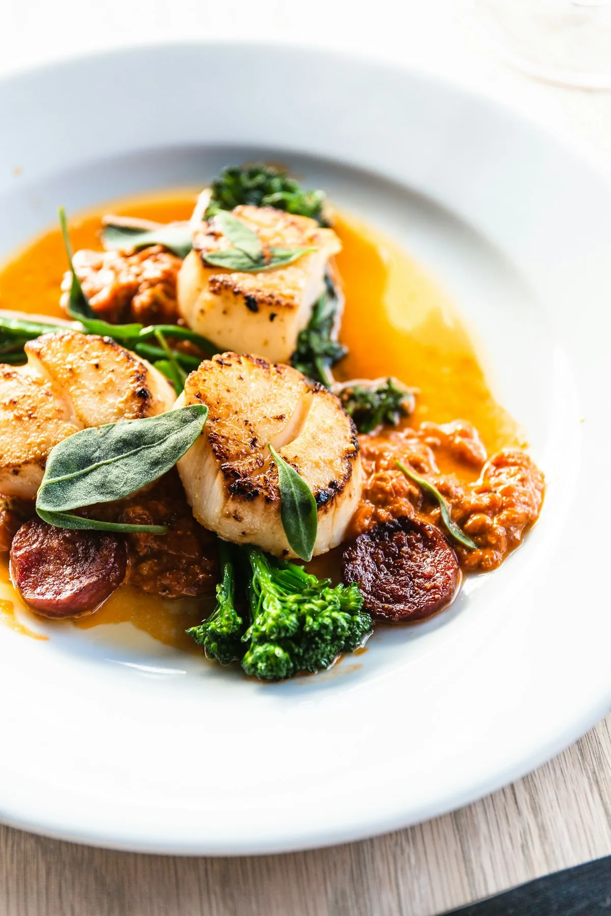 Seared scallops and chorizo
