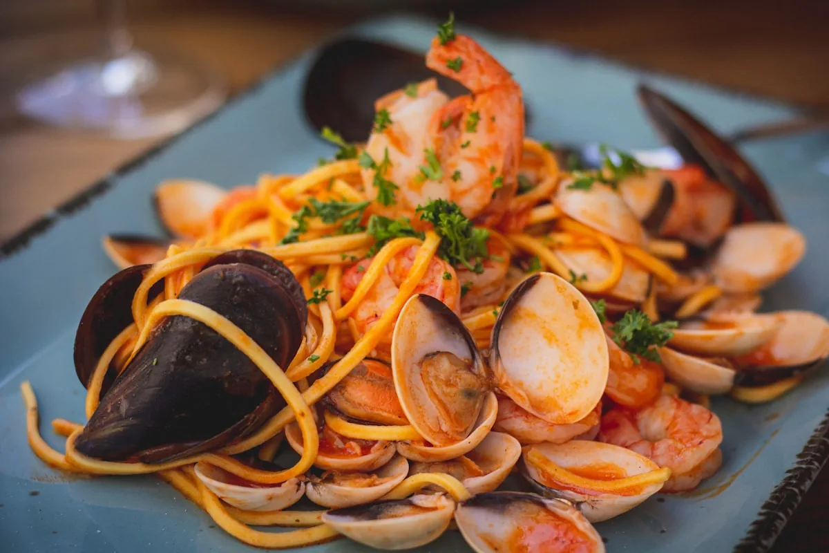 Seafood linguine with clams and prawns